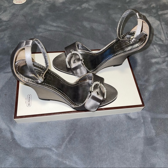 BRAND NEW Coach-Judy Satin, Size 7 Color-Silver, 3IN wedge heel with ankle strap - Picture 2 of 8